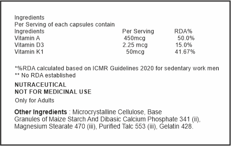 Nutritional label for capsules with vitamin and mineral content details.