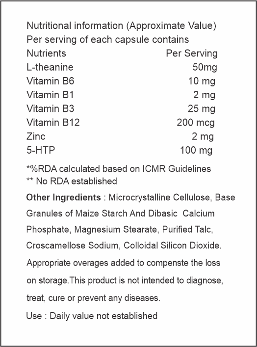 Nutritional information table for a supplement capsule with various vitamins and minerals listed.