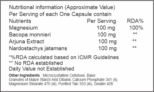 Nutritional information label for a supplement containing magnesium, Bacopa monnieri, Arjuna Extract, and Nardostachys jatamans.