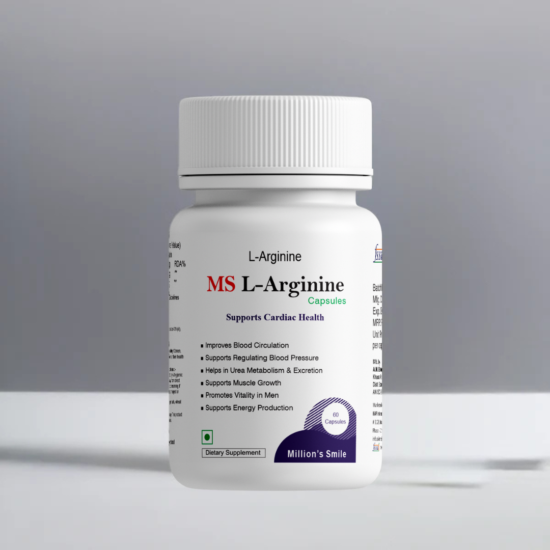 Bottle of MS L-Arginine capsules on a gray background