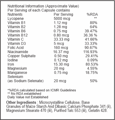 Nutritional information table for a dietary supplement capsule with various vitamins and minerals listed.