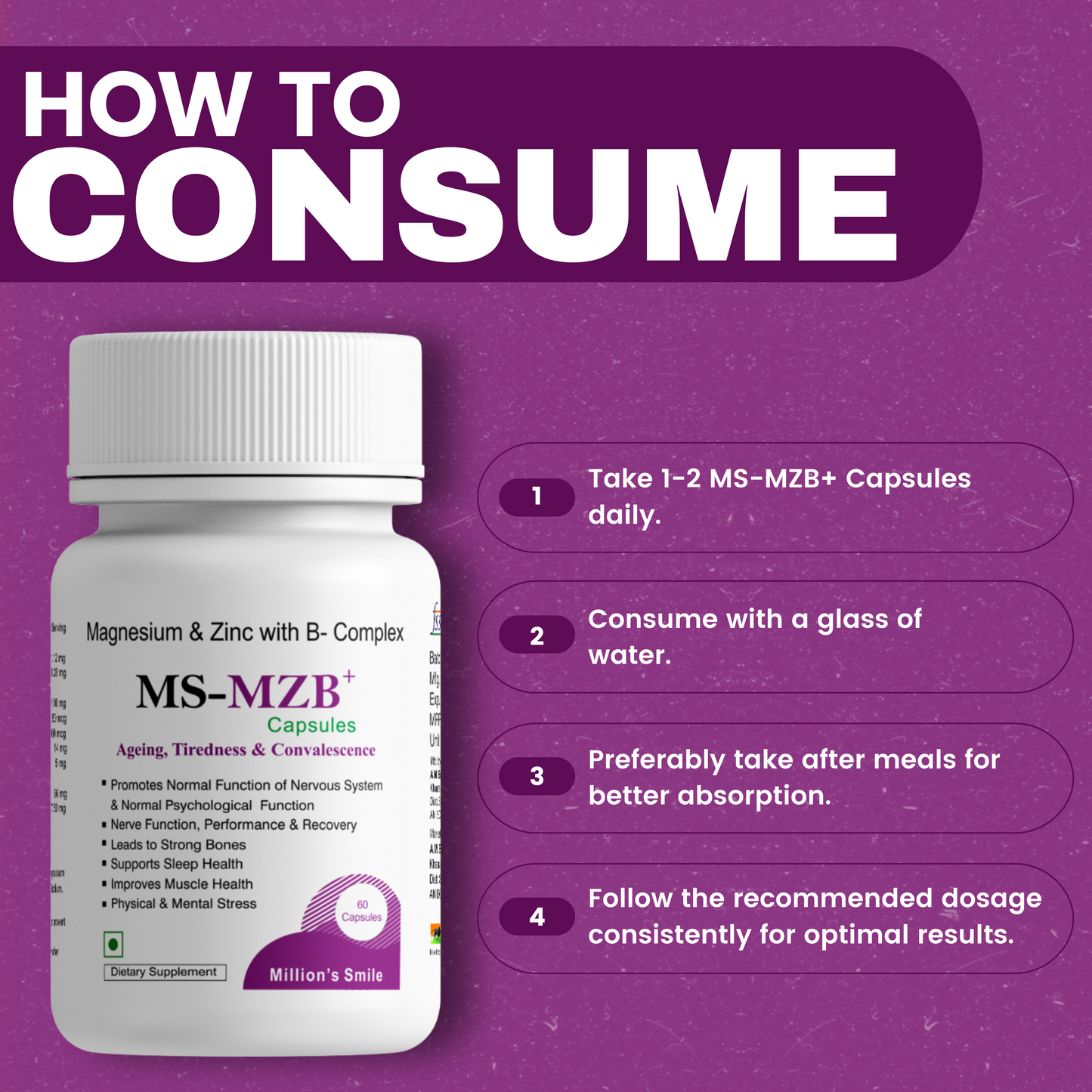 MS-MZB supplement bottle with consumption instructions on a purple background