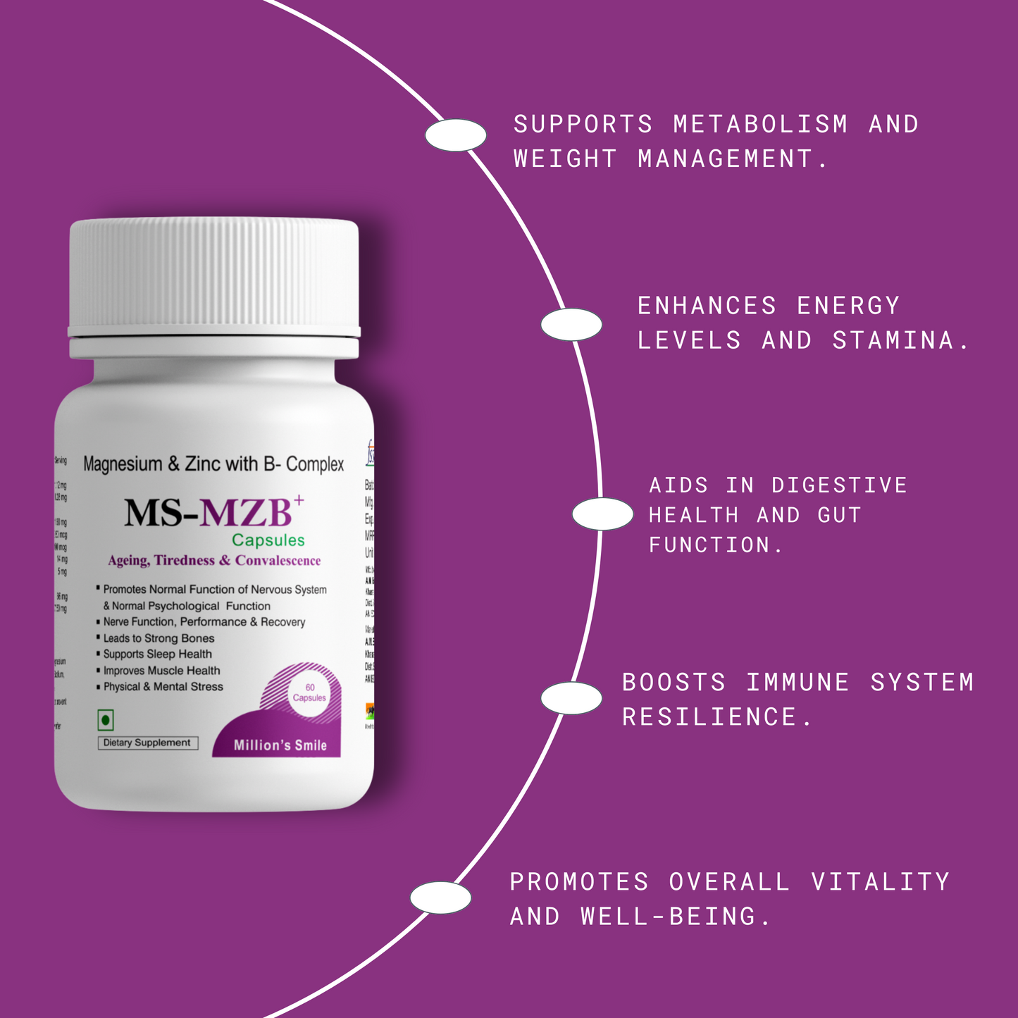 MS-MZB capsules bottle with health benefits on a purple background