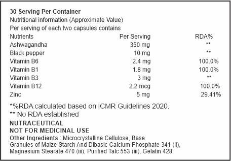 Nutritional information label for a dietary supplement with various vitamins and minerals listed.
