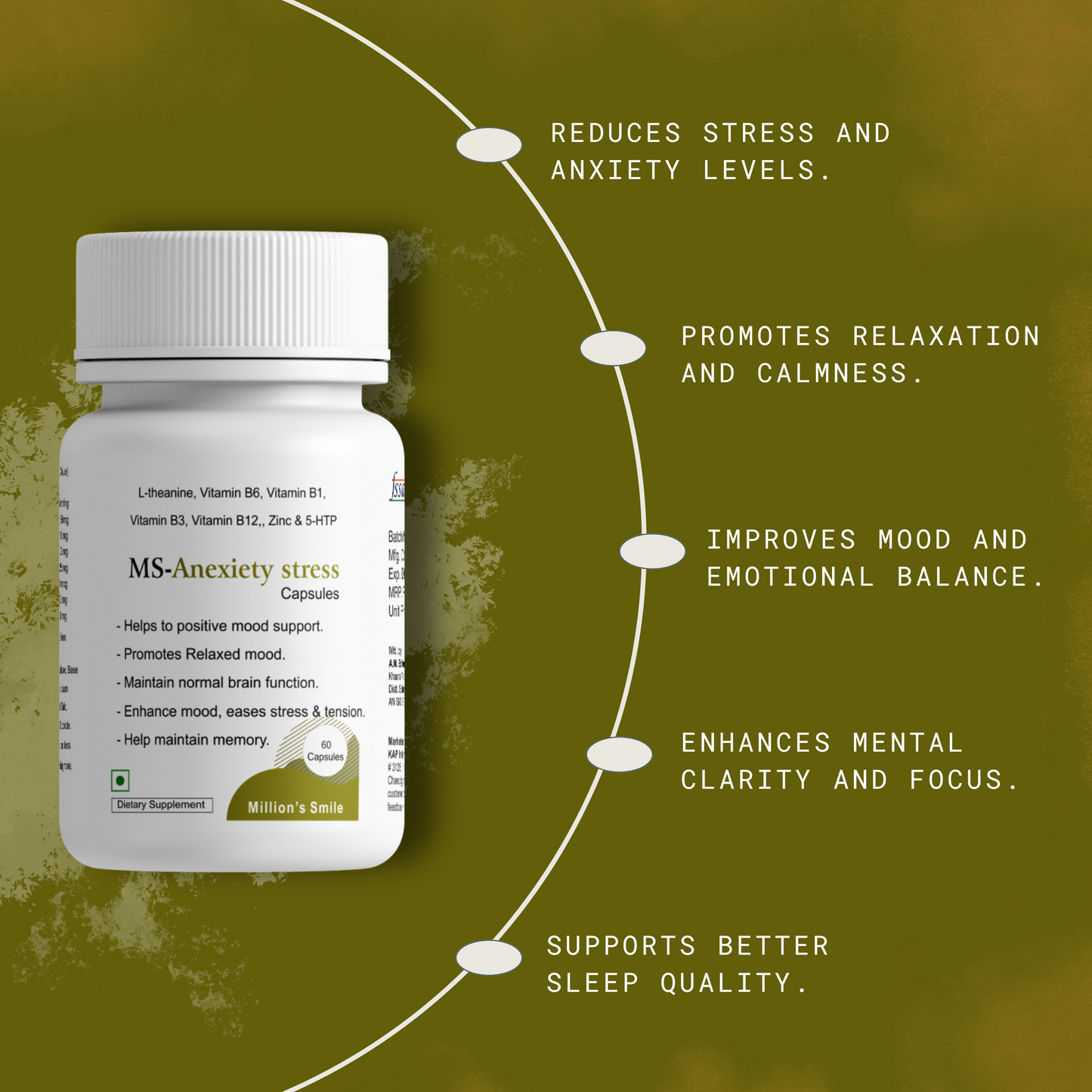 Bottle of MS-Anxiety stress capsules with text on a green background