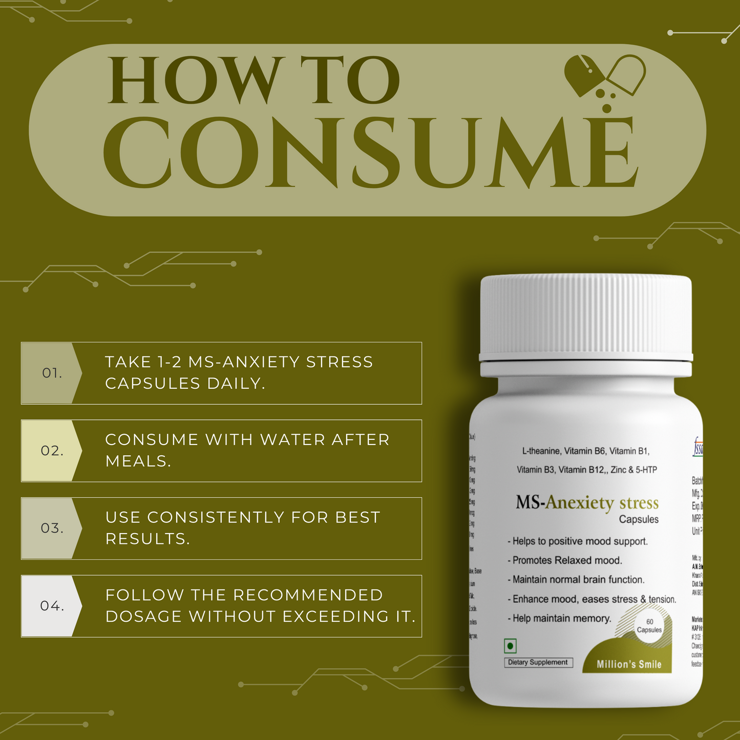 Supplement bottle with consumption instructions on a green background
