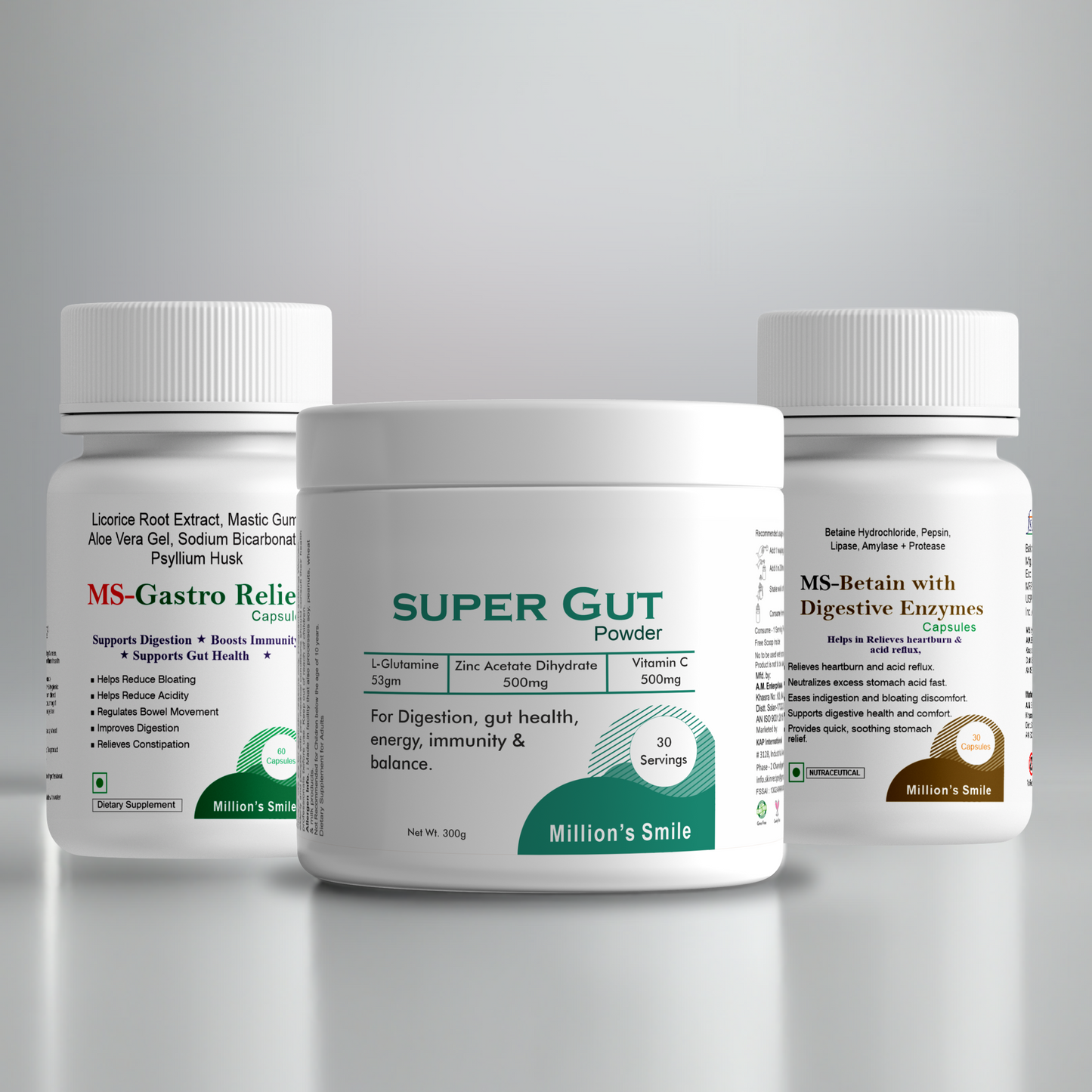 Three containers of 'Super Gut' powder and related products on a gray background