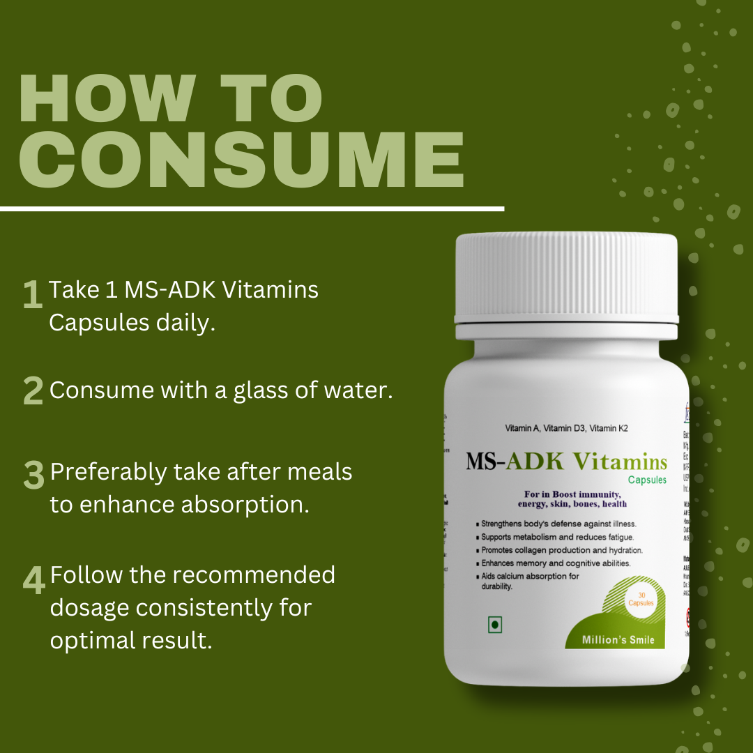 MS-ADK Vitamins bottle with consumption instructions on a green background