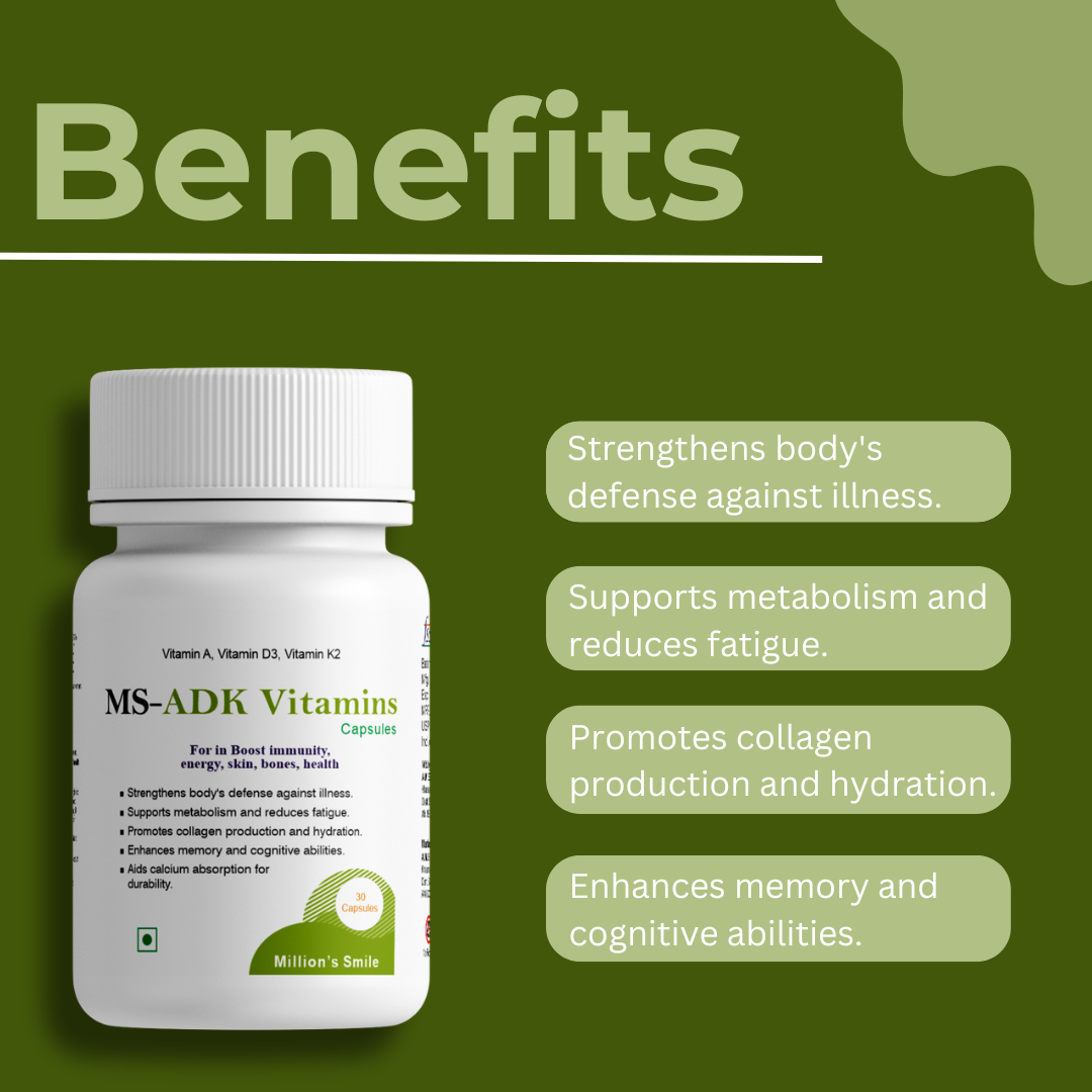 MS-ADK Vitamins bottle with benefits listed on a green background