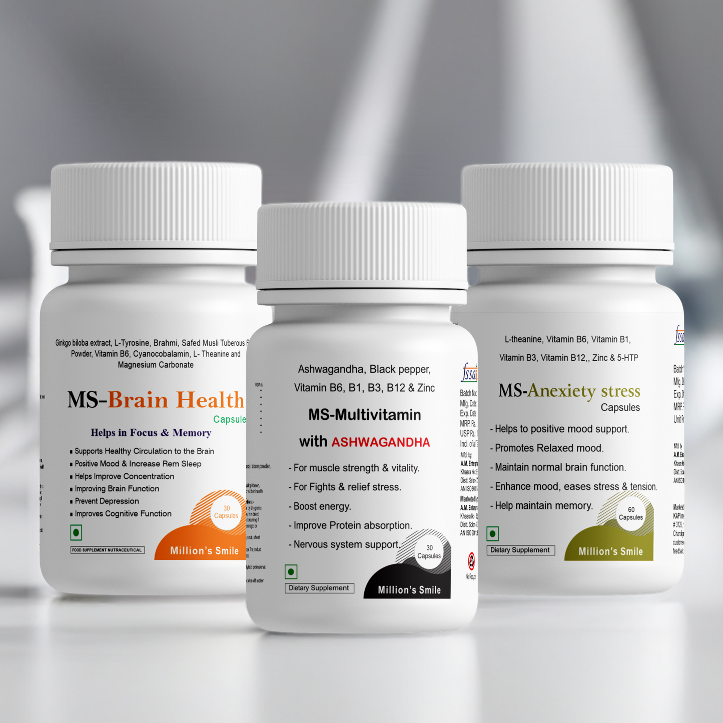 Three supplement bottles labeled 'MS-Brain Health', 'MS-Multivitamin with Ashwagandha', and 'MS-Anxiety stress' on a gray background.