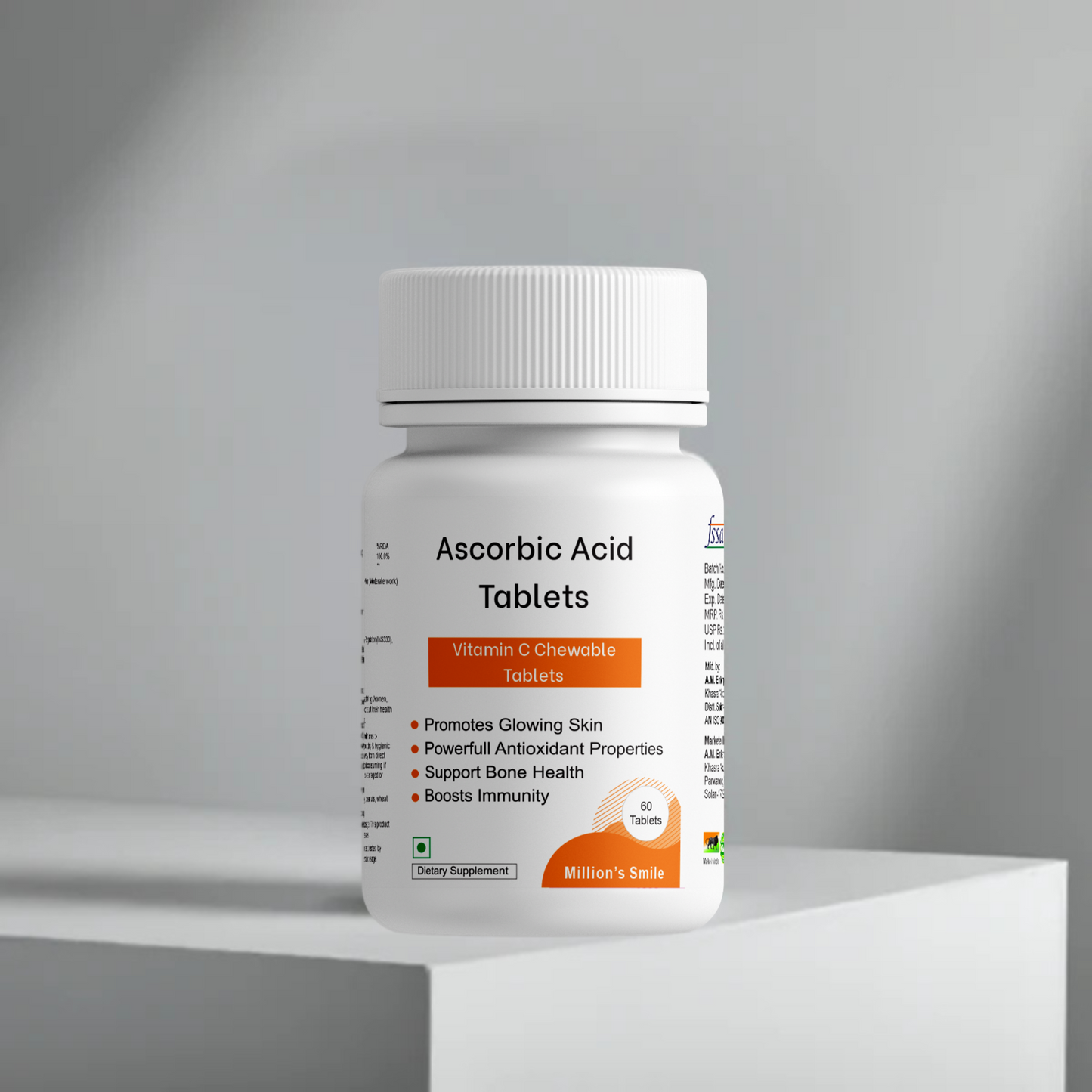 Bottle of Ascorbic Acid Tablets on a gray background