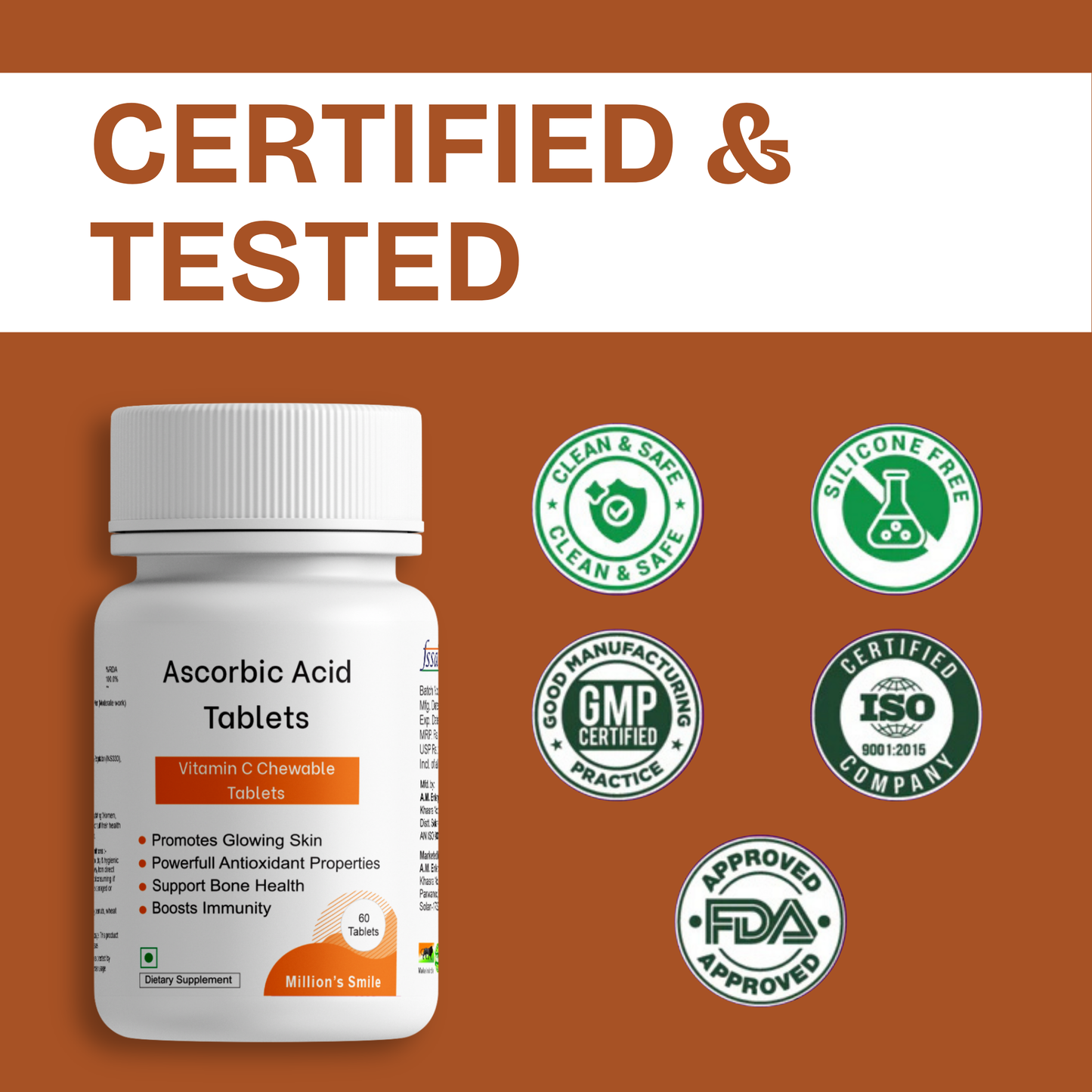 Bottle of Ascorbic Acid Tablets with certification logos on a brown background