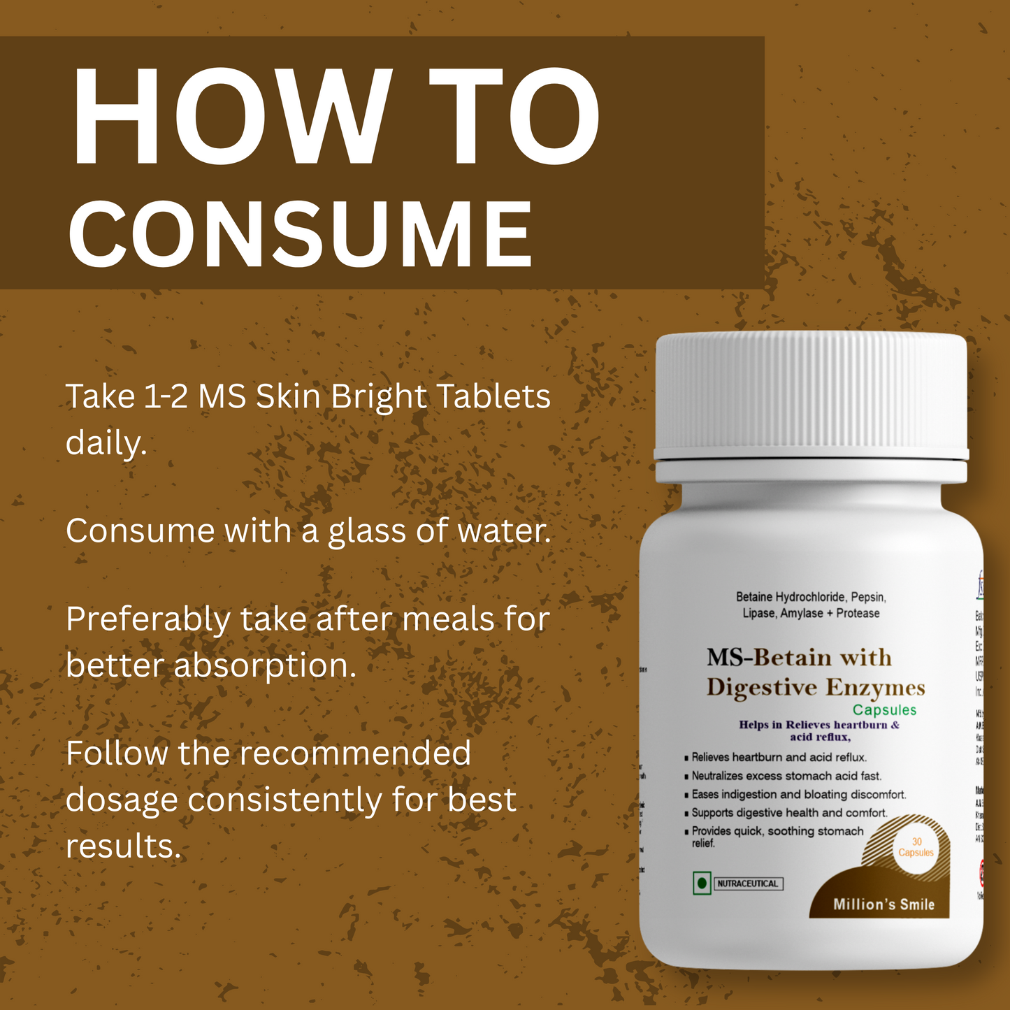 MS Skin Bright Tablets packaging with consumption instructions on a brown background