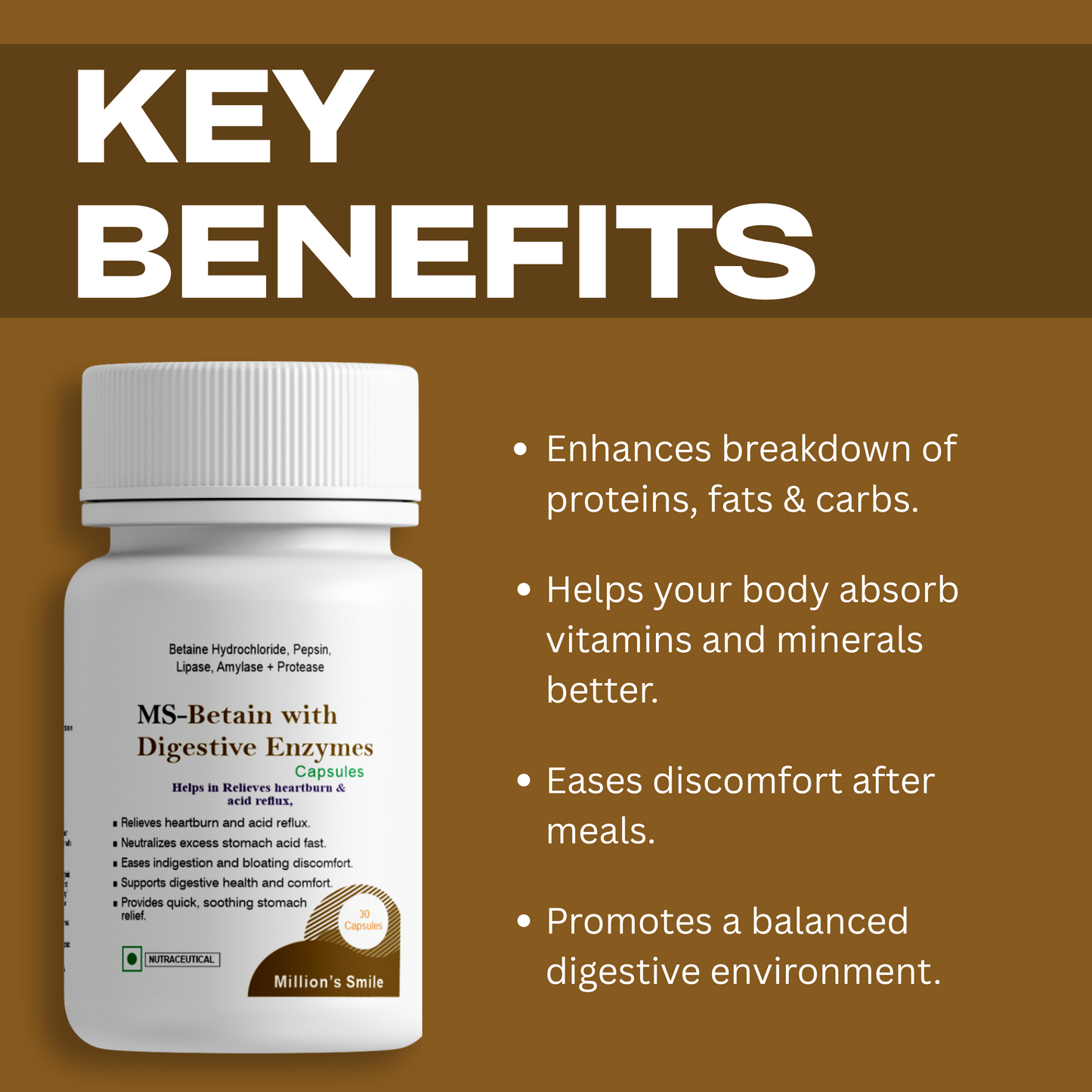 Bottle of MS-Betain with Digestive Enzymes on a brown background with key benefits listed.