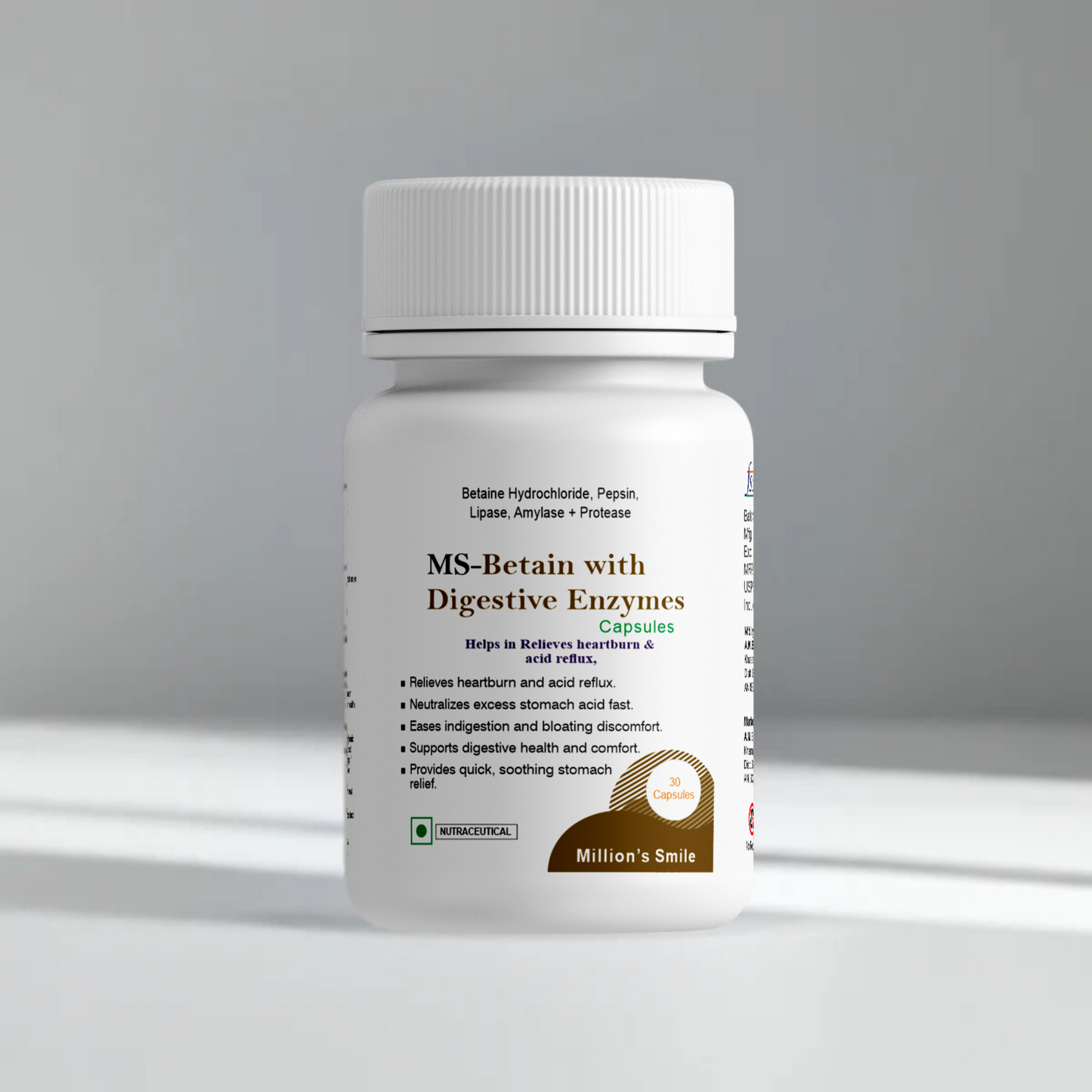 Bottle of MS-Betain with Digestive Enzymes on a gray background