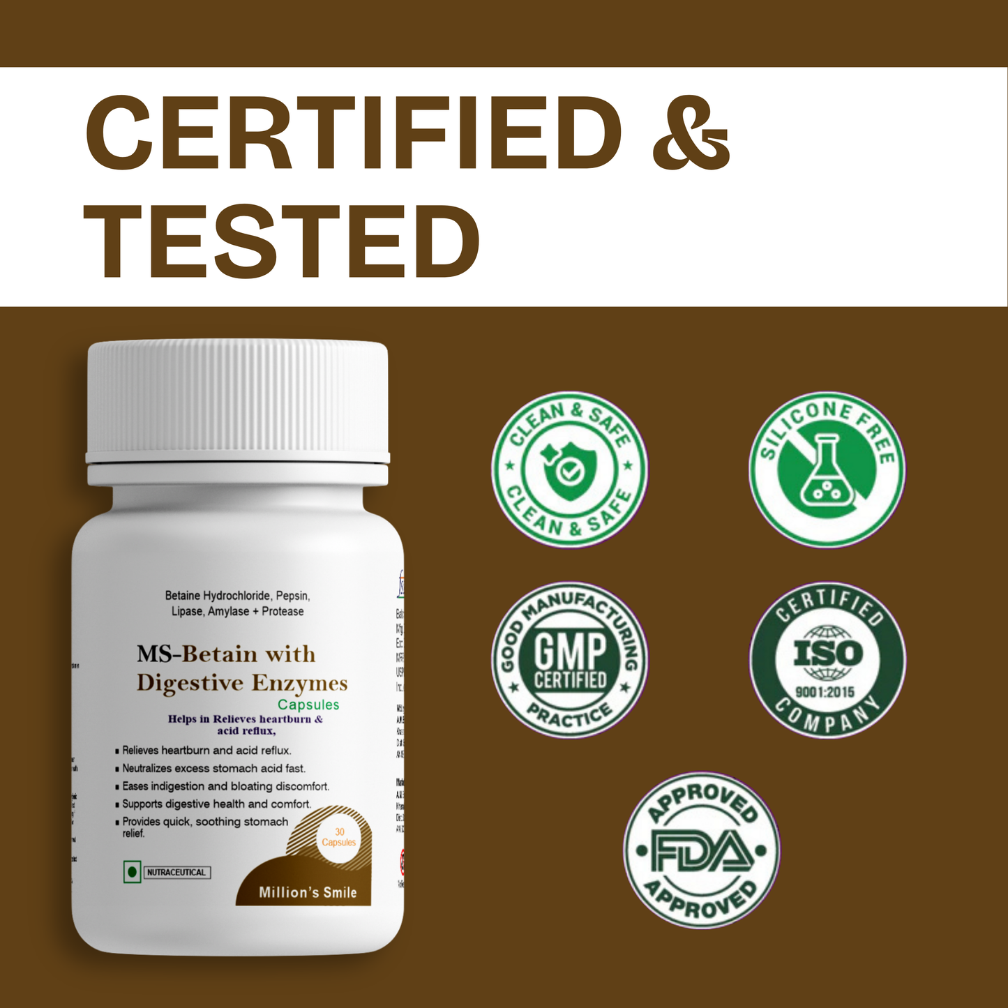 Bottle of MS-Betain with Digestive Enzymes on a brown background with certification logos.
