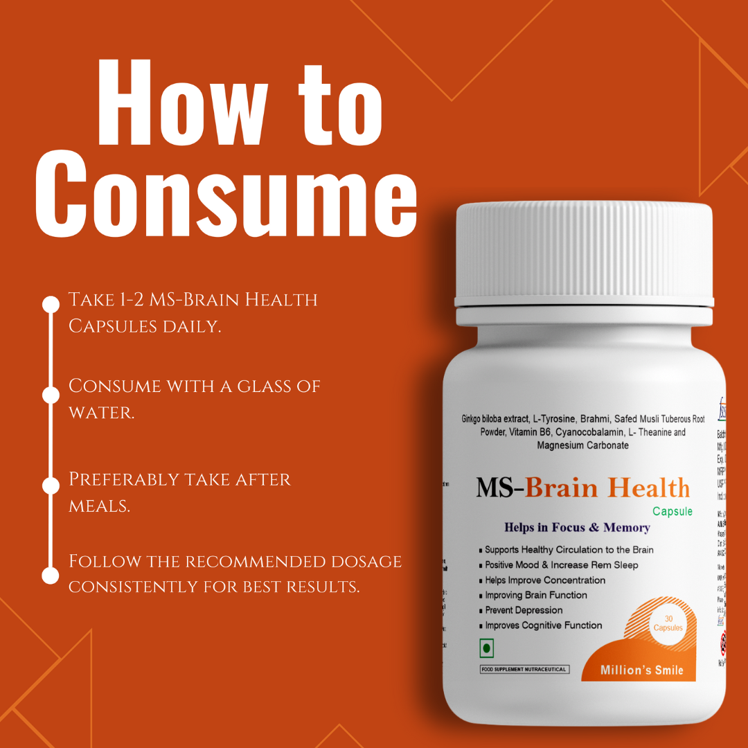 MS-Brain Health capsules with consumption instructions on an orange background