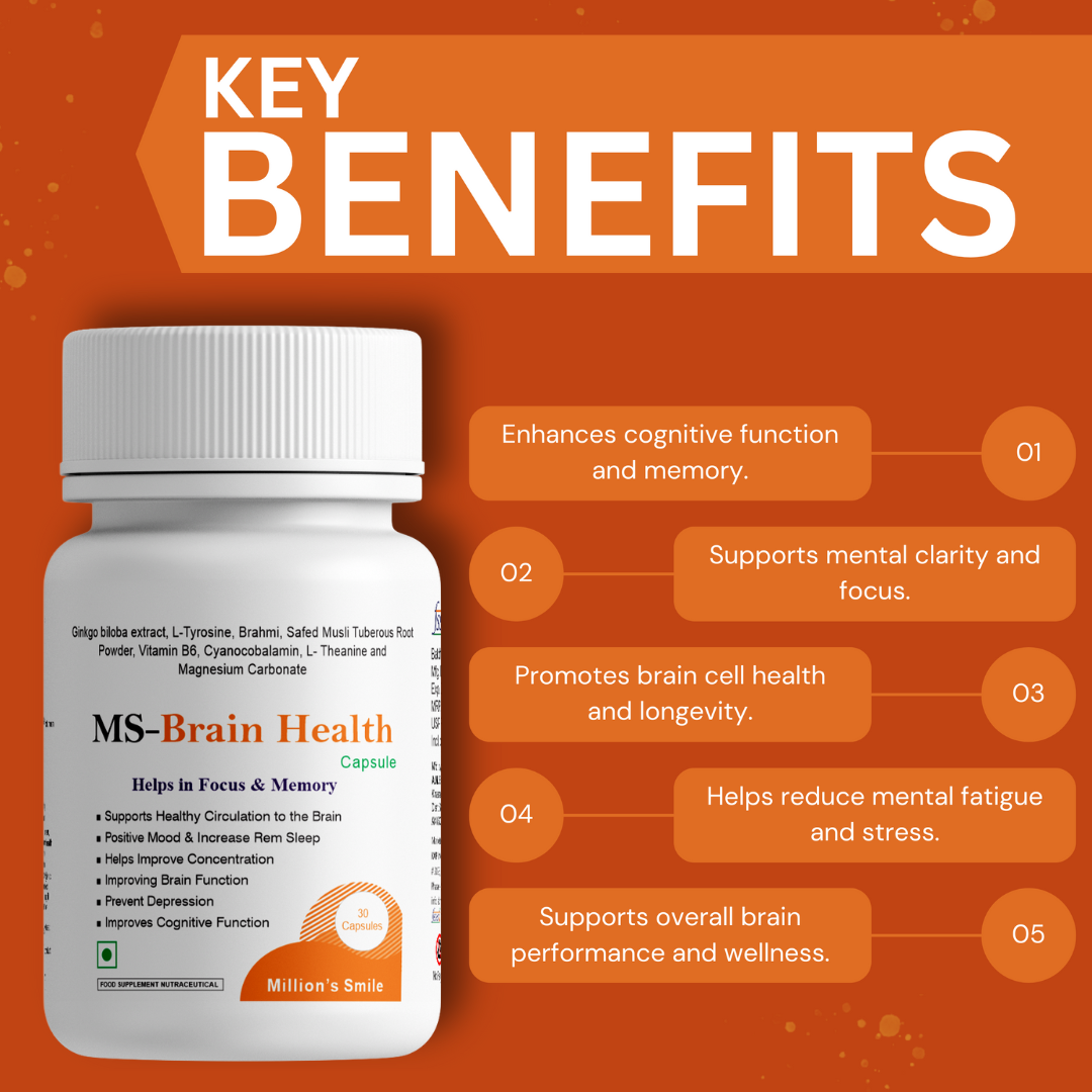 MS-Brain Health supplement bottle with key benefits listed on an orange background