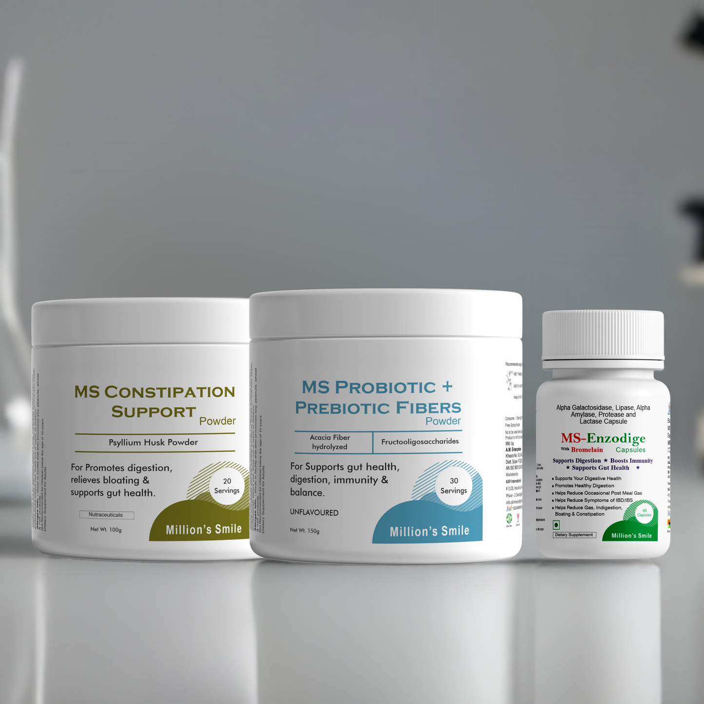Three containers of health products labeled 'MS Constipation Support', 'MS Probiotic + Prebiotic Fibers', and 'MS-Enzodige' on a gray background.