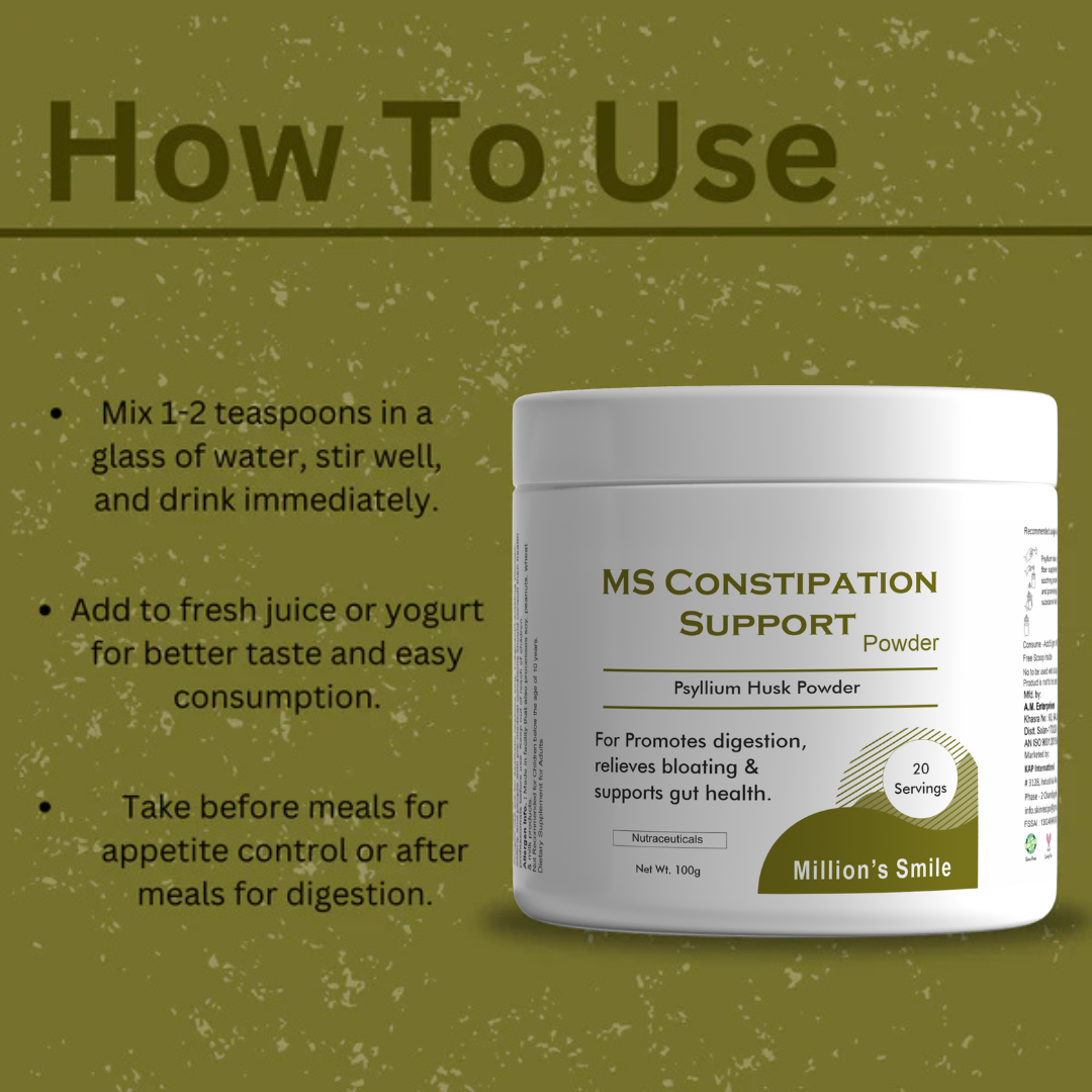 MS Constipation Support Powder container with usage instructions on a green background