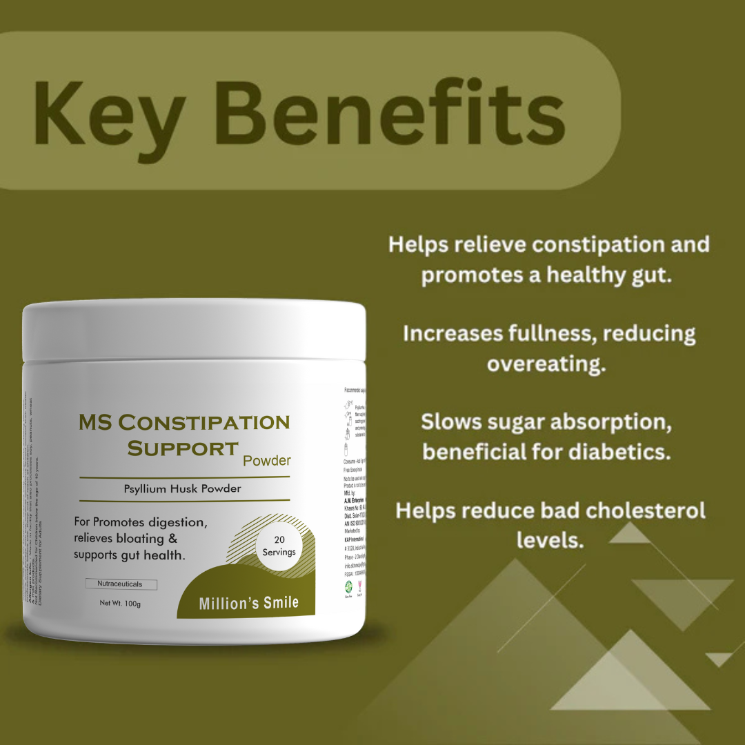 MS Constipation Support Powder container with key benefits listed on a green background