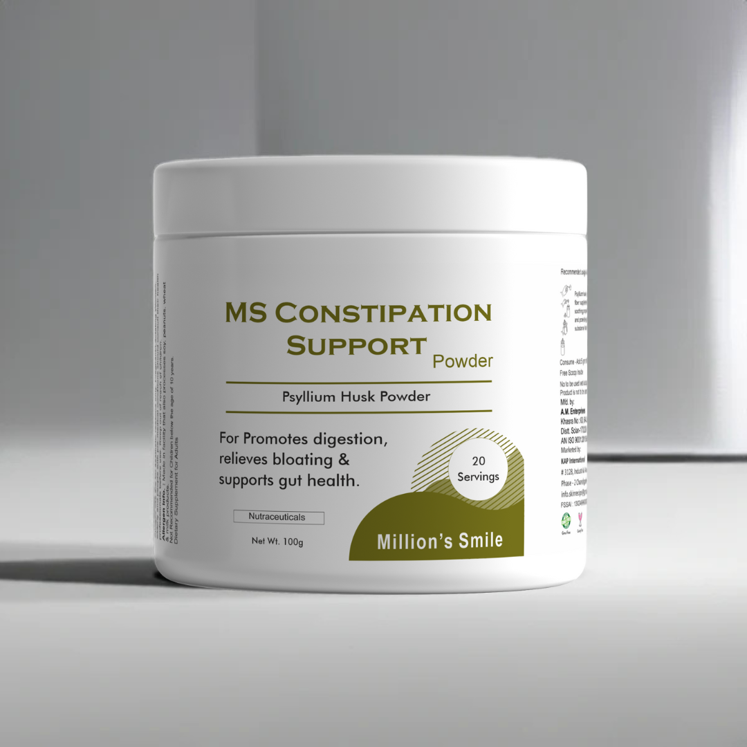 Container of MS Constipation Support Powder by Million's Smile on a gray background
