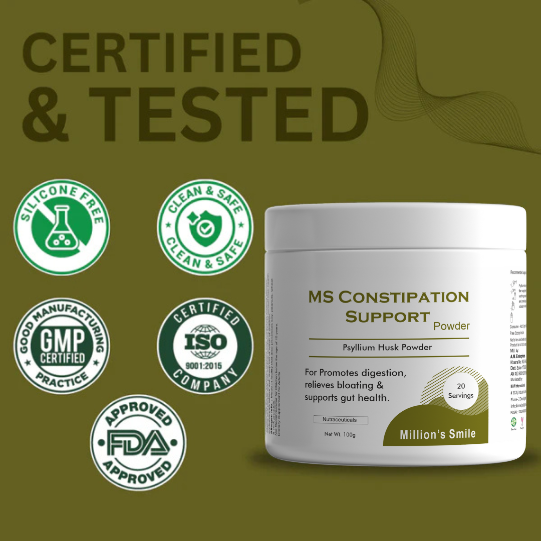 MS Constipation Support Powder container with certification logos on a green background