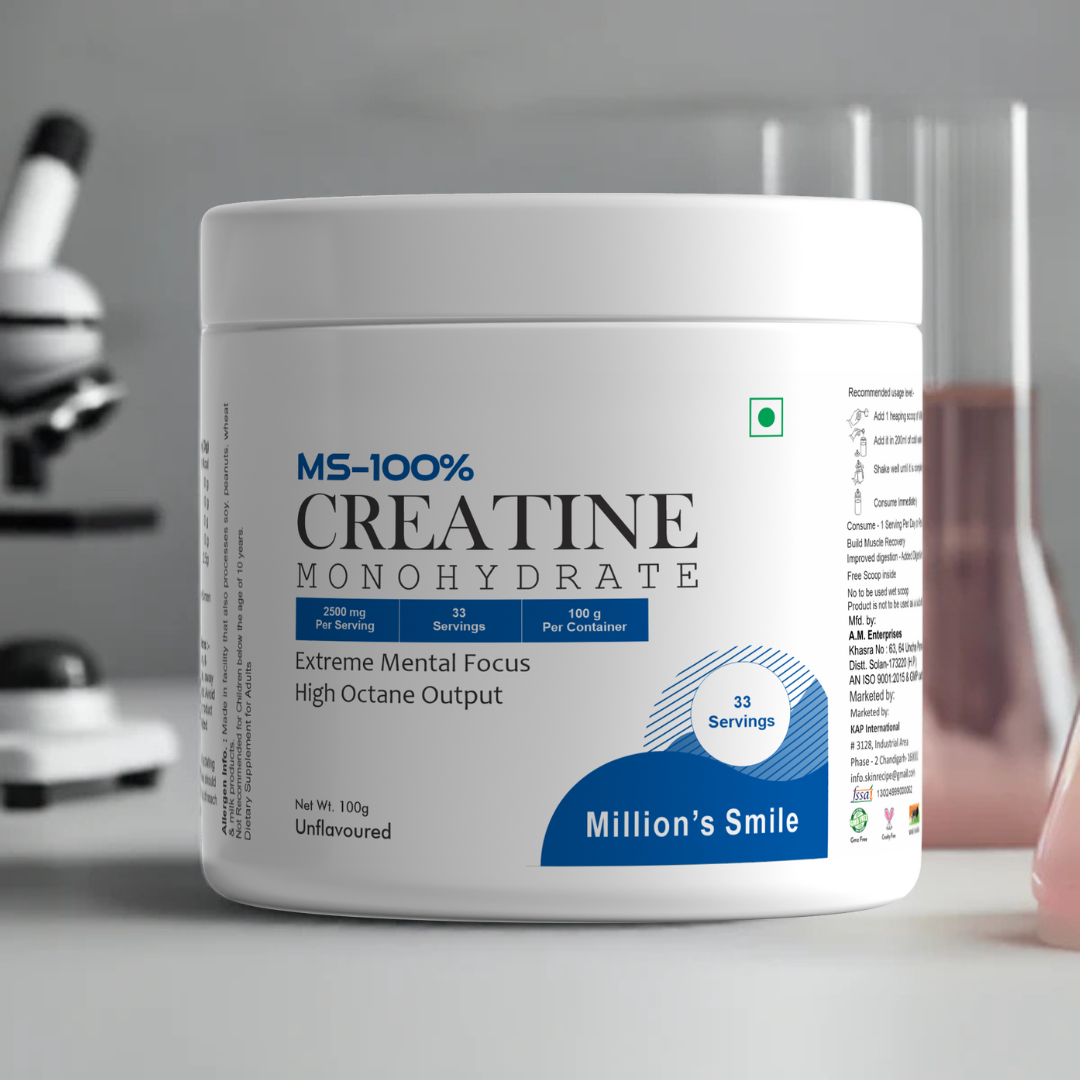 Creatine monohydrate supplement container with branding on a blurred background