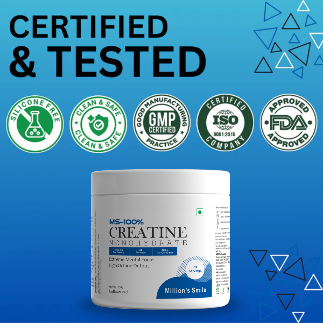 Creatine monohydrate supplement container with certification logos on a blue background