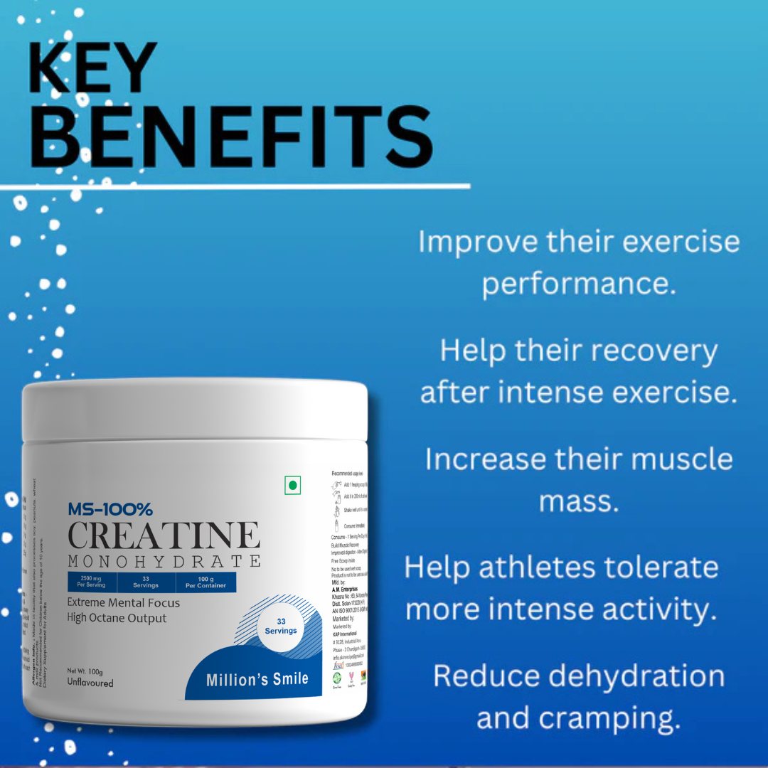 Creatine monohydrate supplement container with key benefits listed on a blue background