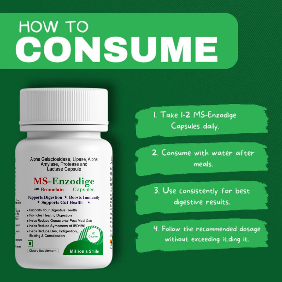 MS-Enzodige capsules bottle with consumption instructions on a green background