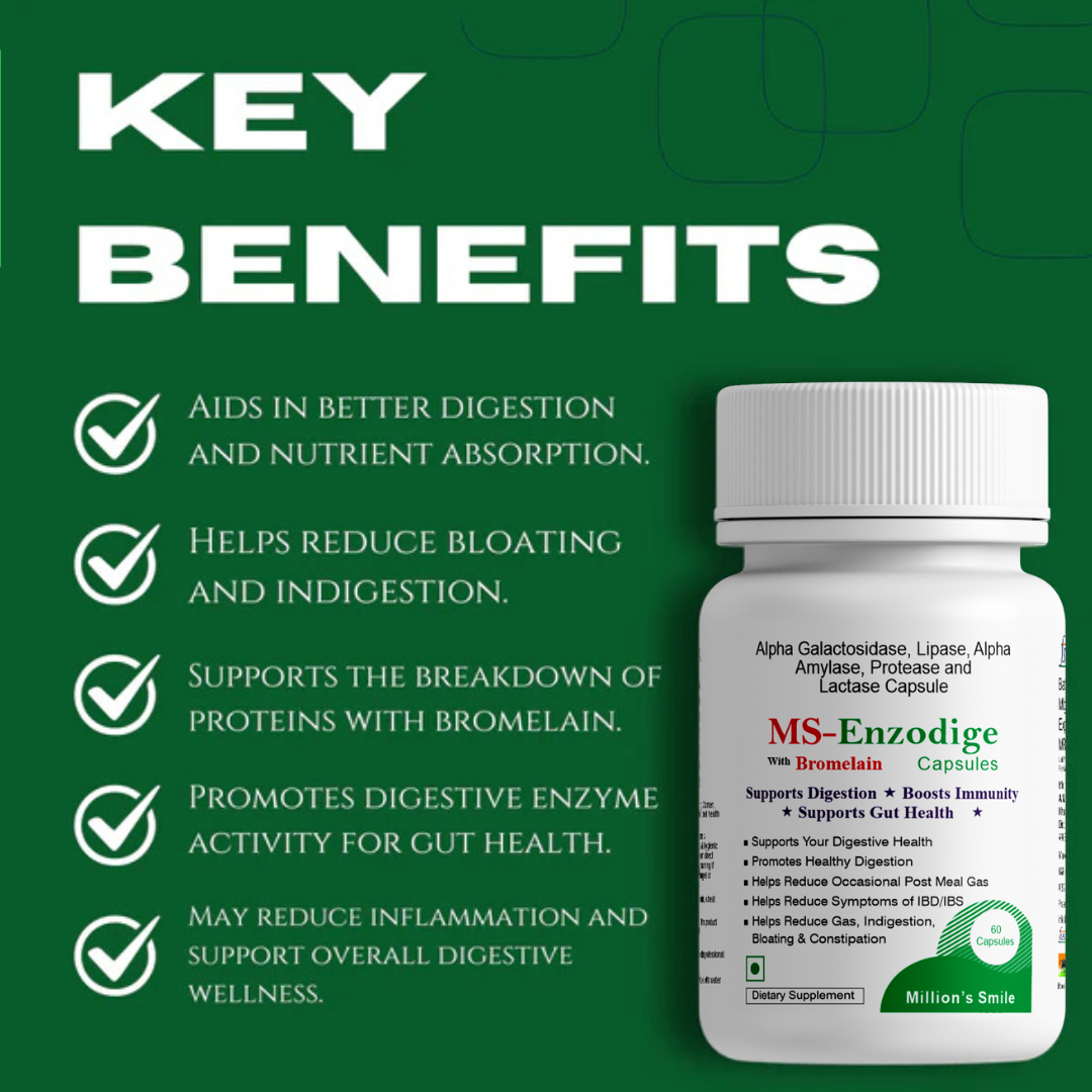 MS-Enzodige supplement bottle with key benefits listed on a green background
