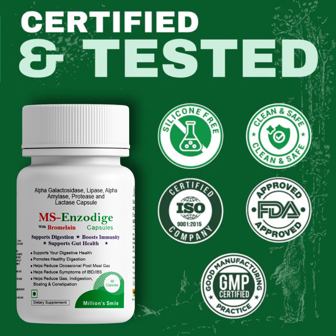 Bottle of MS-Enzodige capsules with certification logos on a green background