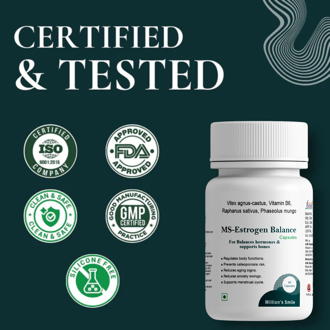 Bottle of MS-Estrogen Balance capsules with certification logos on a green background