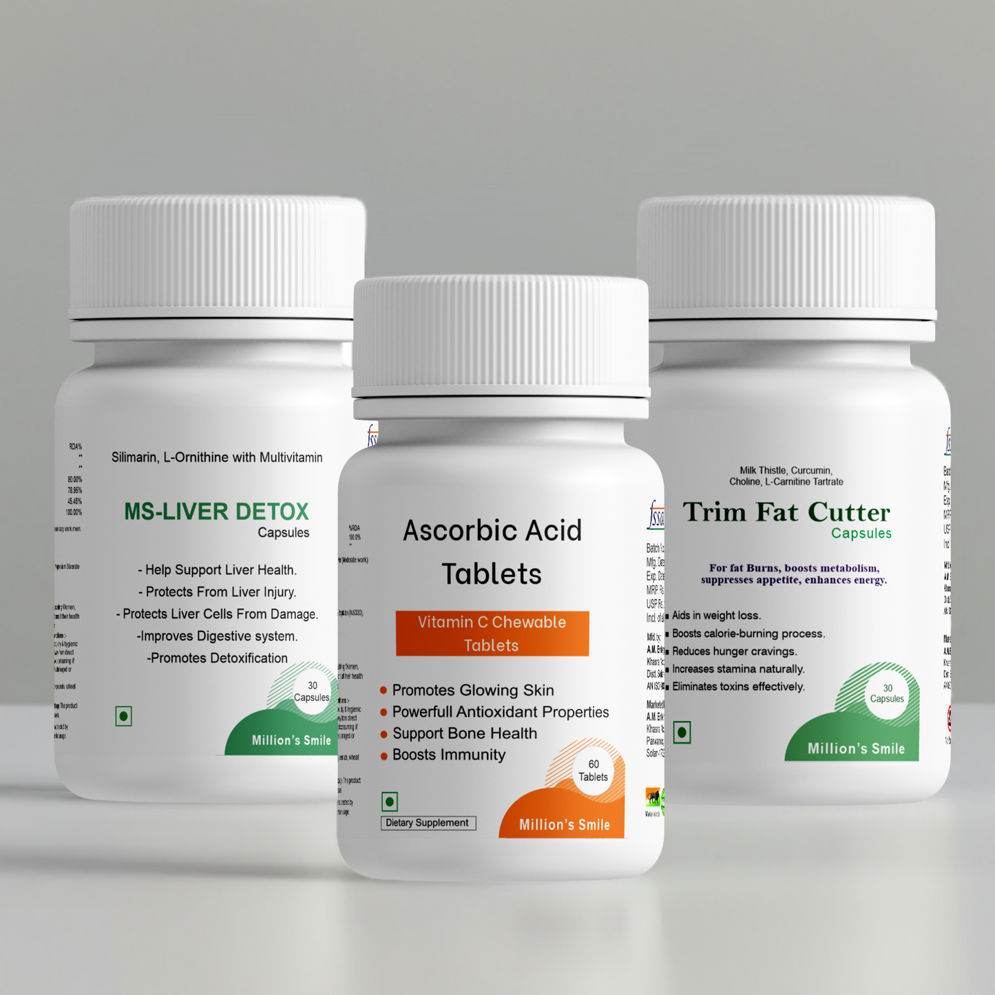 Three bottles of dietary supplements on a gray background