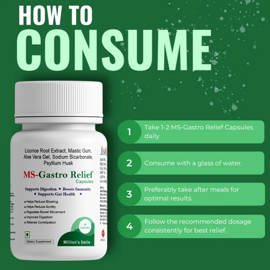 MS-Gastro Relief capsules with consumption instructions on a green background