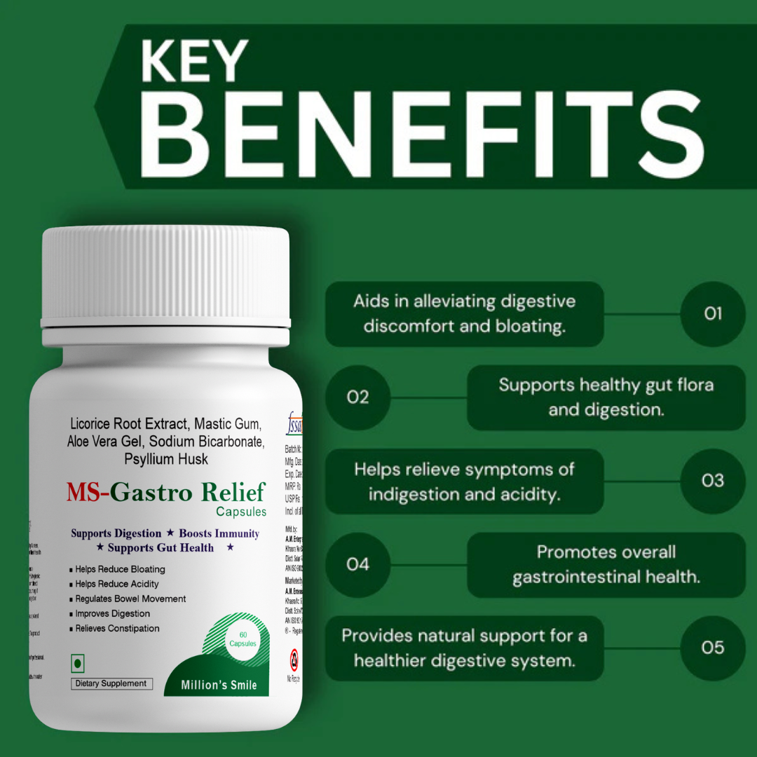 MS-Gastro Relief capsules with key benefits listed on a green background