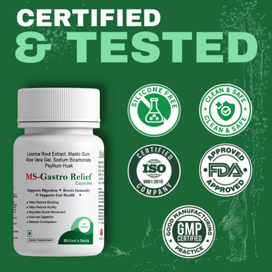 MS-Gastro Relief capsules with certification logos on a green background