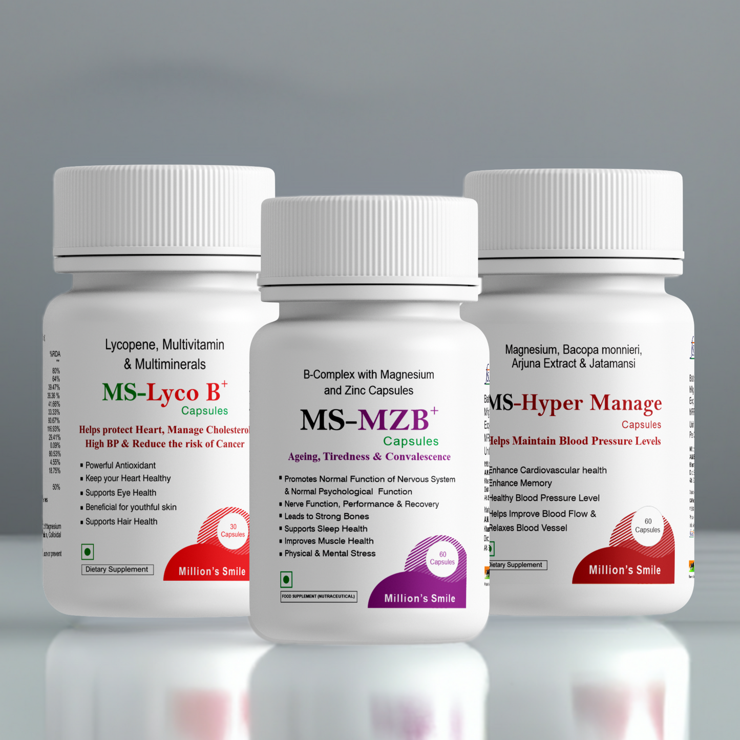 Three bottles of MS-Lyco B, MS-MZB, and MS-Hyper Manage on a reflective surface with a gray background.