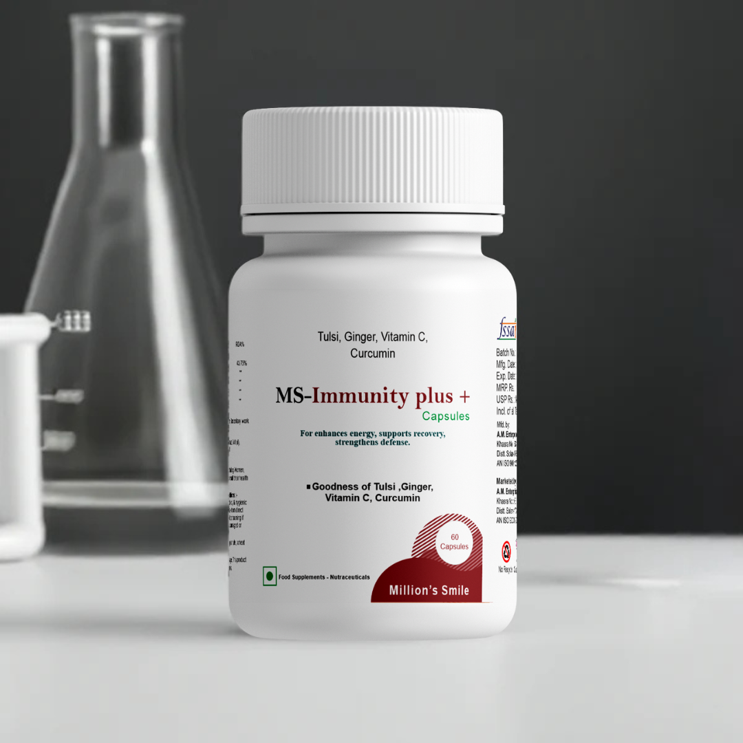 Bottle of MS-Immunity Plus+ capsules with a dark background
