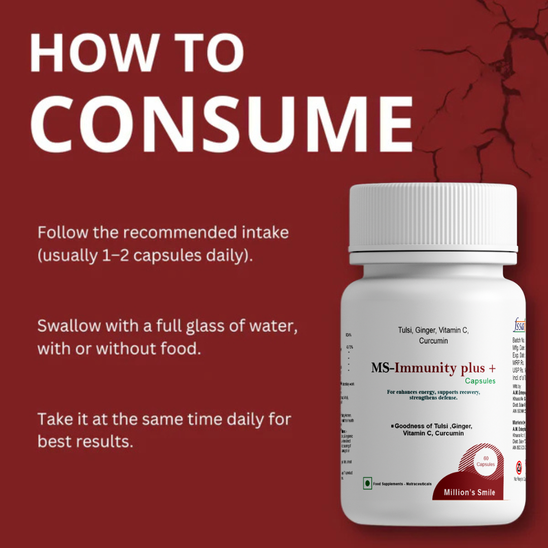 Bottle of MS-Immunity plus+ on a red background with consumption instructions.