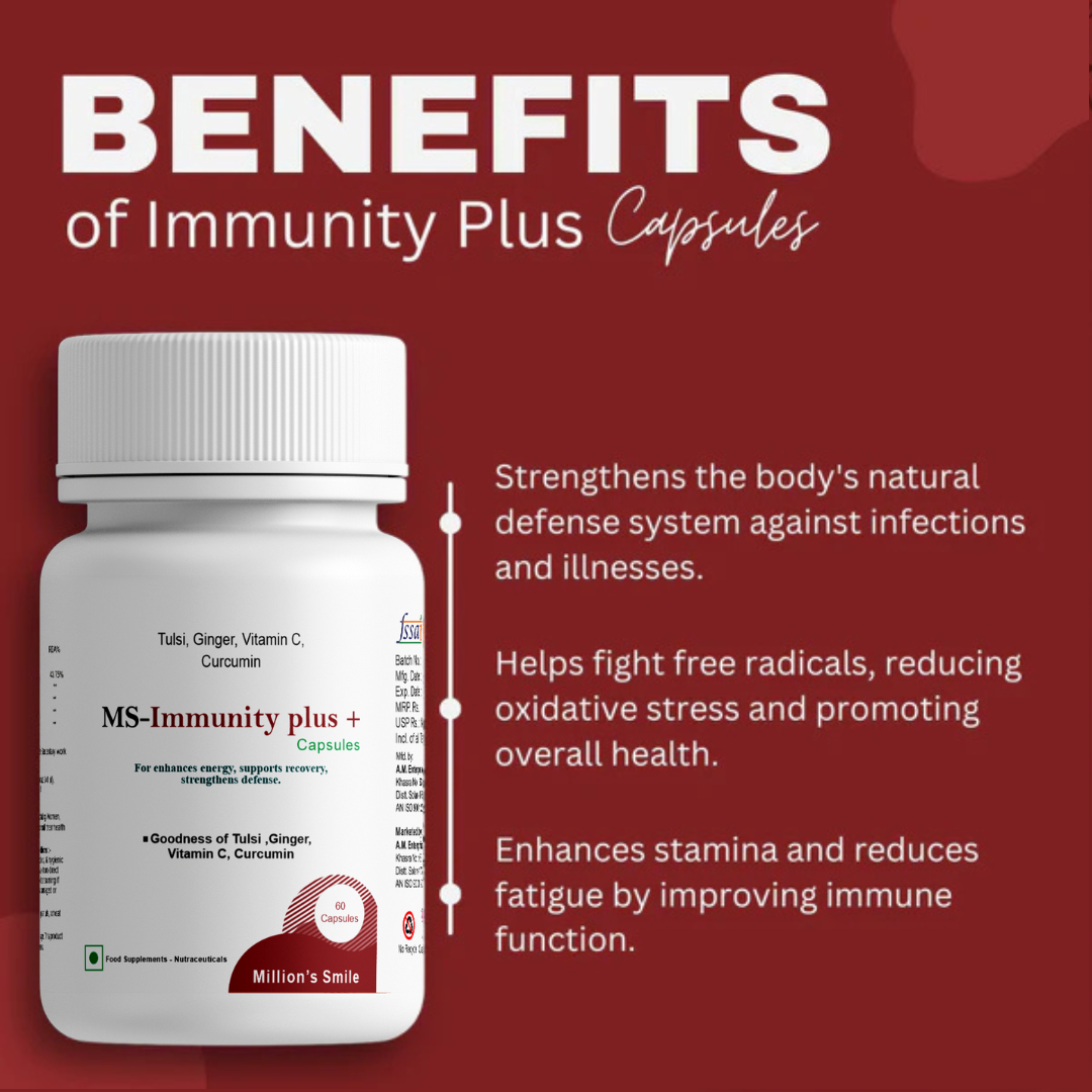 Immunity Plus Capsules bottle with benefits listed on a red background