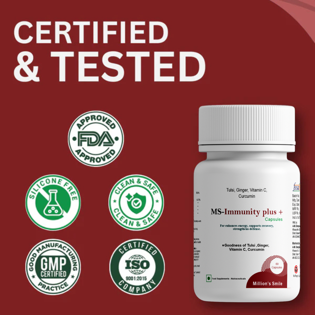 Bottle of MS-Immunity plus+ with certification logos on a red background