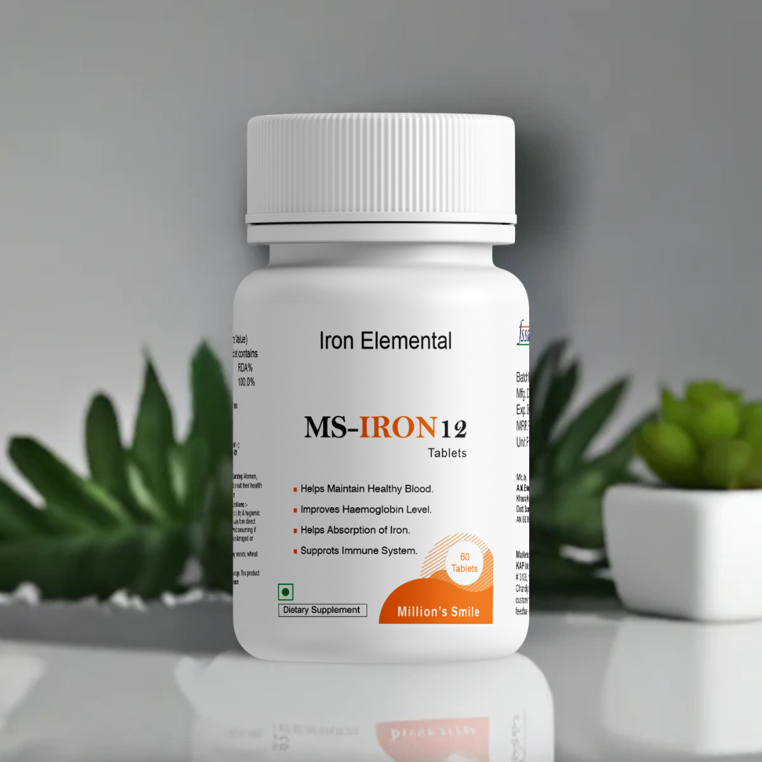 Bottle of Iron Elemental MS-IRON12 tablets with plants in the background