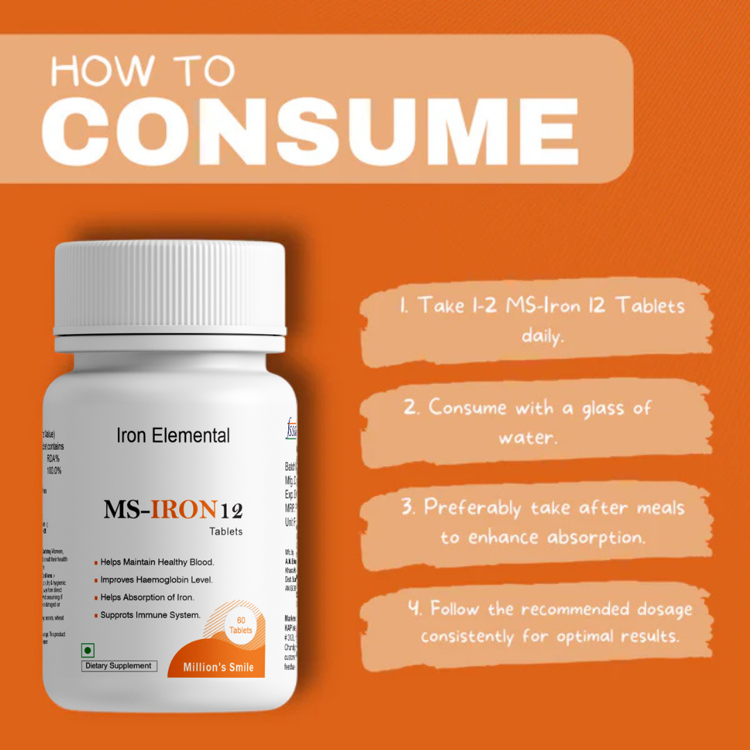 MS-IRON12 supplement bottle with consumption instructions on an orange background
