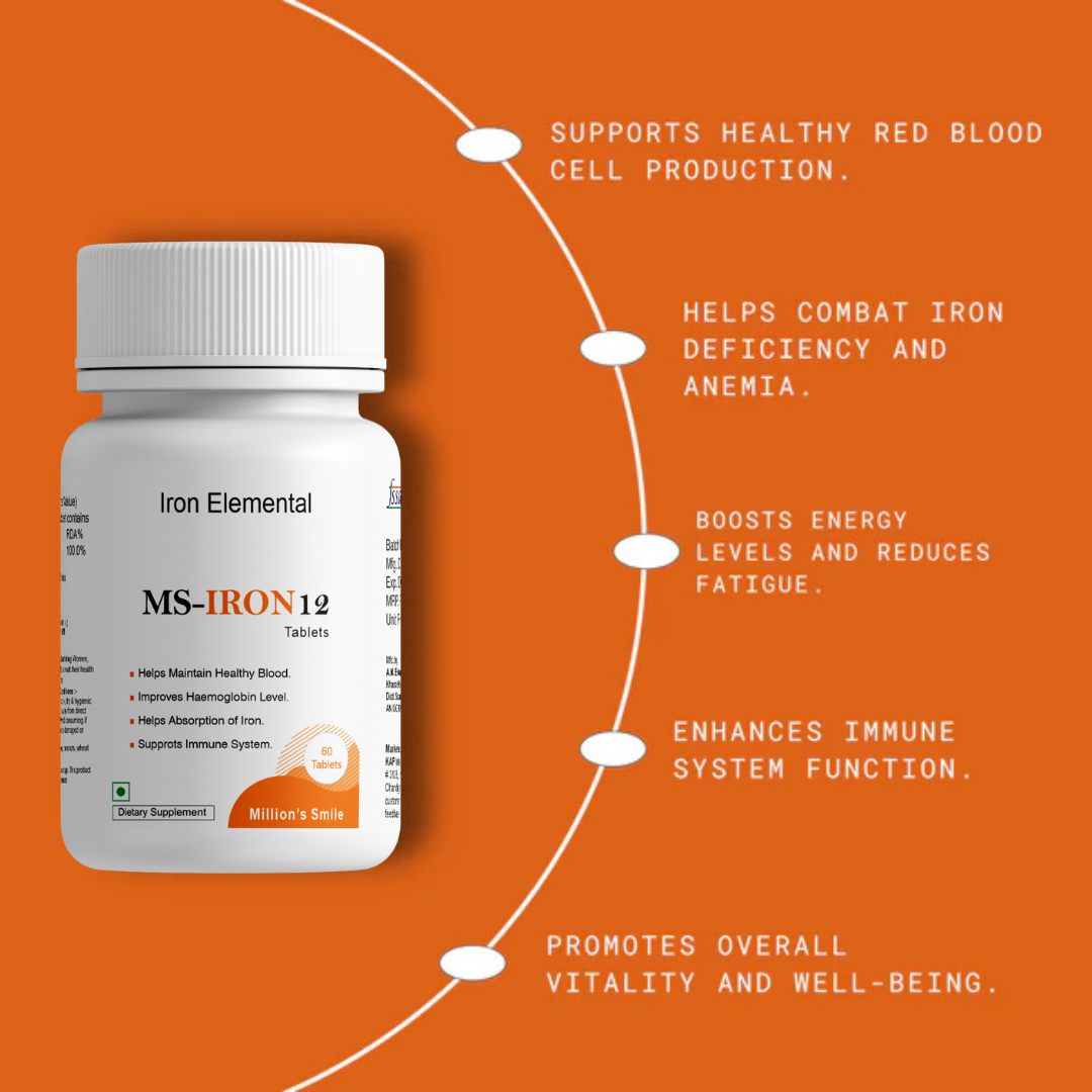 Iron Elemental MS-IRON12 supplement bottle on an orange background with text about its benefits.