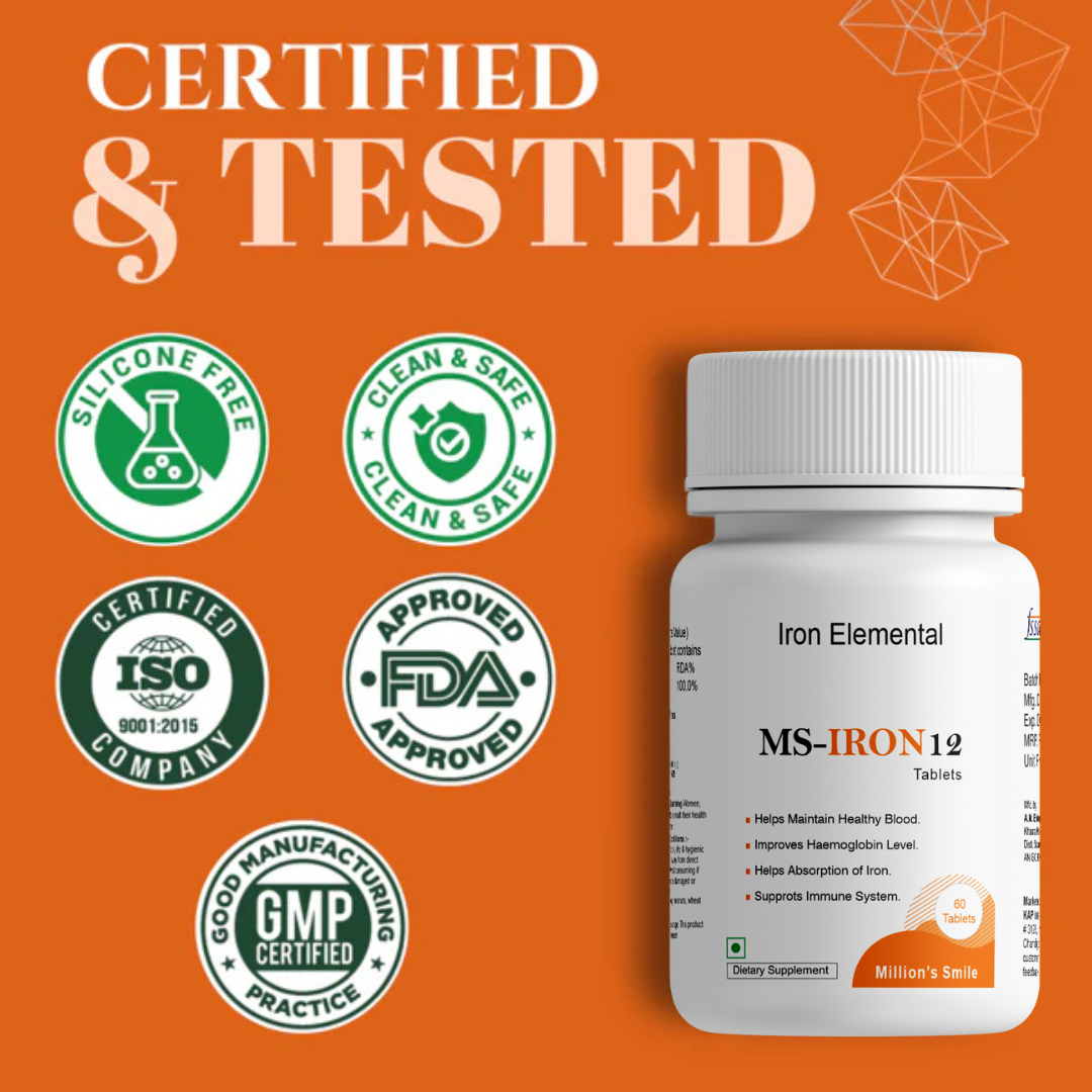 Bottle of Iron Elemental MS-IRON 12 on an orange background with certification logos.