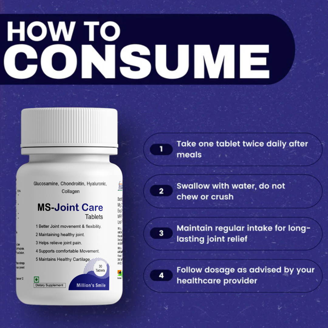 MS-Joint Care Tablets bottle with consumption instructions on a purple background