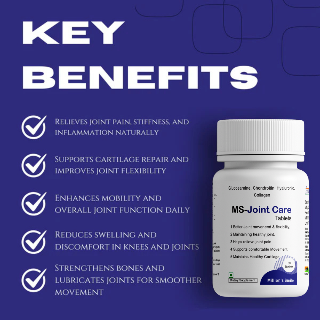 MS-Joint Care Tablets bottle with key benefits listed on a blue background