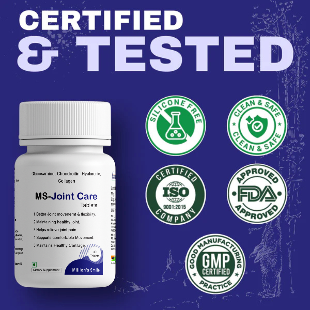 MS-Joint Care supplement bottle with certification logos on a blue background